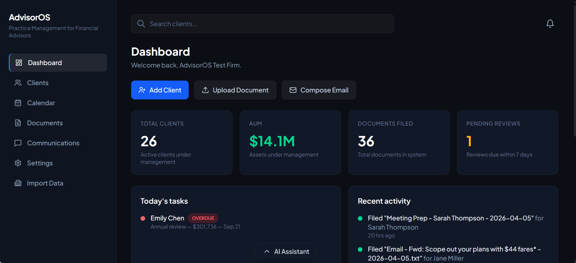AdvisorOS Dashboard — 26 clients, $14.1M AUM, AI-powered document filing and portfolio analysis