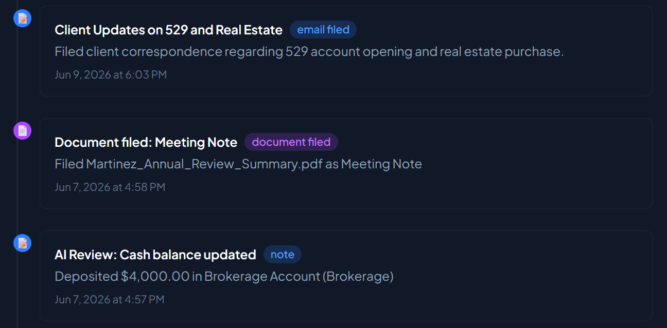 Three contact-history audit rows — a Lake House asset added, a portfolio update, and a 529 account created from AI review — each captured immutably with a June 9, 2026 6:54 PM timestamp.