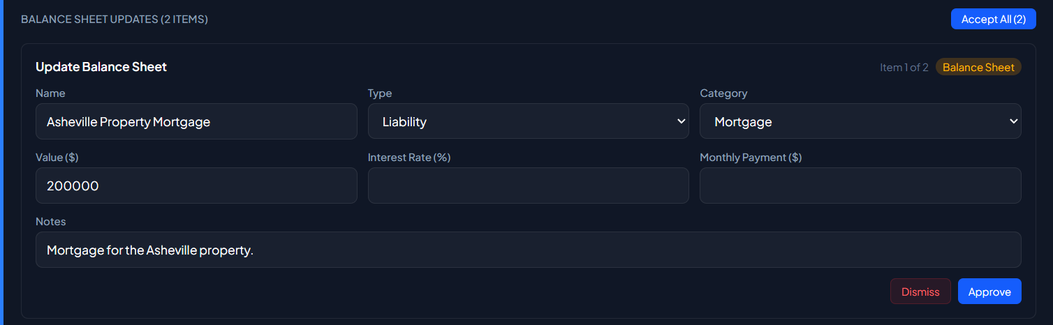 The AdvisorOS AI Review Queue: an AI-extracted balance-sheet update — an Asheville property mortgage liability — held for an advisor to Approve or Dismiss.